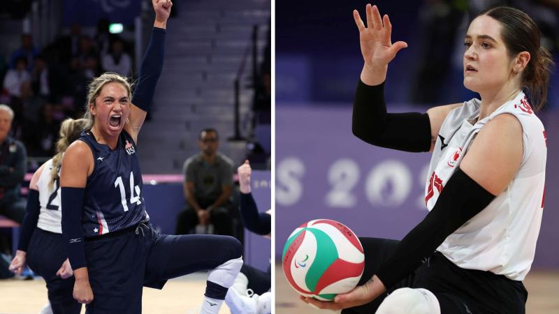 A collaged photo of two female sitting volleyball players at Paris 2024