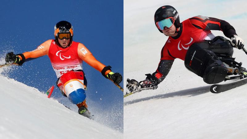 Three male athletes in wheelchairs pose for a photo on a podium.