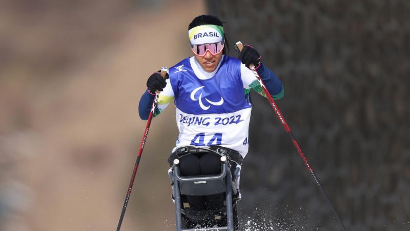 A female sit-skier is competing in a cross-country race