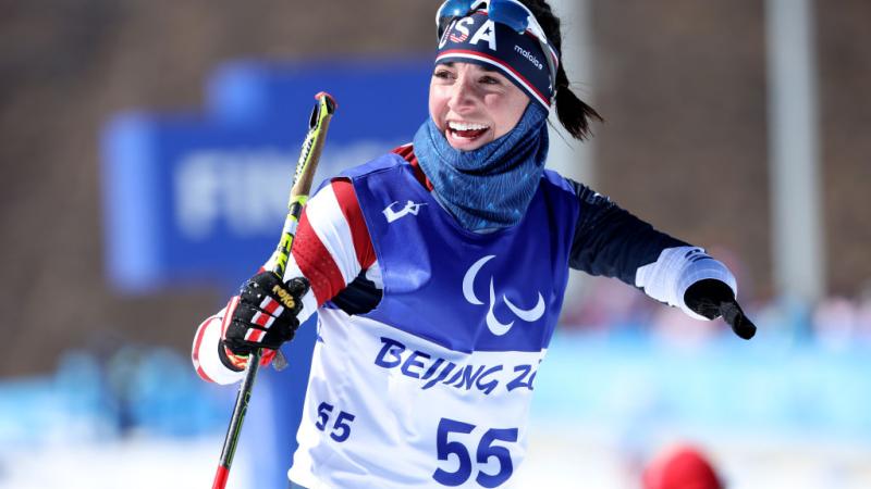 Dani Aravich from team USA competing in Para Cross Country Skiing at the Beijing 2022 Paralympic Winter Games.