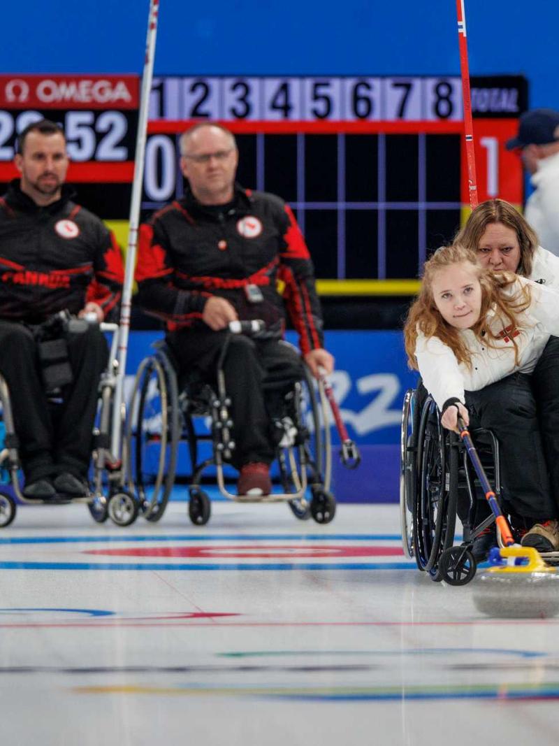 Mia Larsen Sveberg competing in wheelchair curling during the Beijing 2022 Paralympic Winter Games.