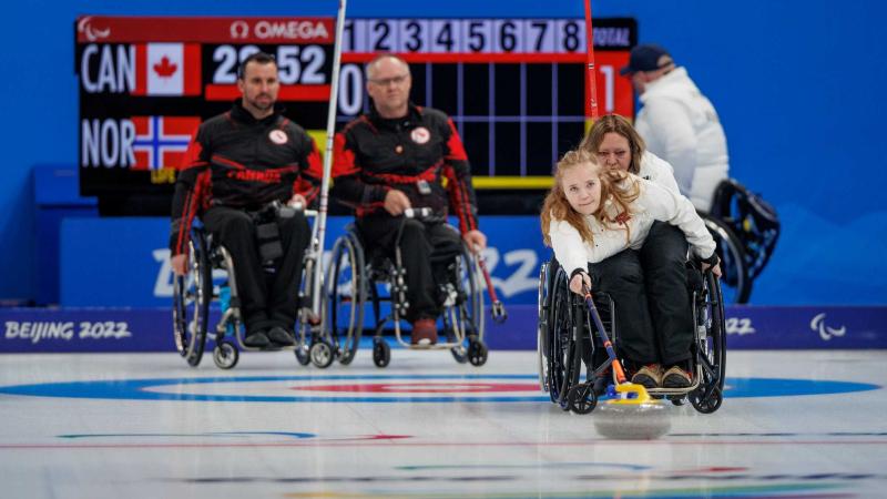 Mia Larsen Sveberg competing in wheelchair curling during the Beijing 2022 Paralympic Winter Games.