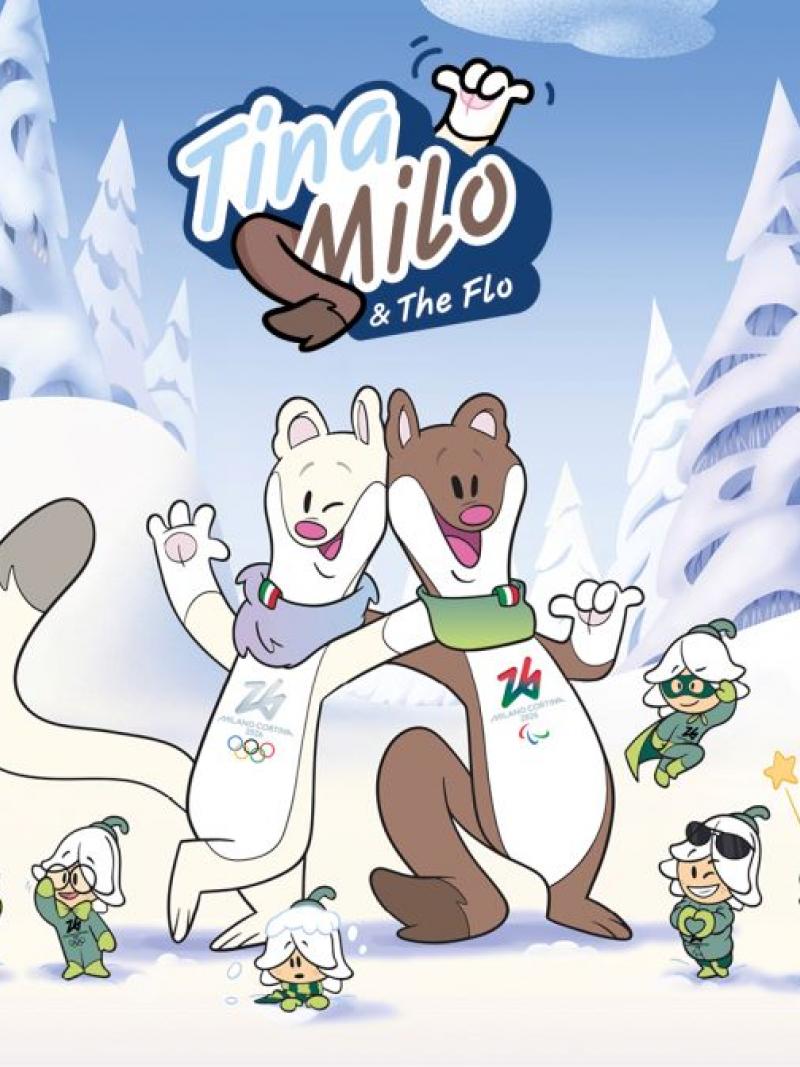 A graphic images of the Milano Cortina 2026 Paralympic and Olympic mascots. There are two mascots inspired by stroats posing in the snow.