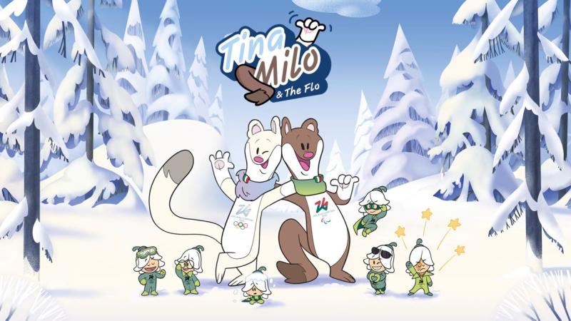 A graphic images of the Milano Cortina 2026 Paralympic and Olympic mascots. There are two mascots inspired by stroats posing in the snow.