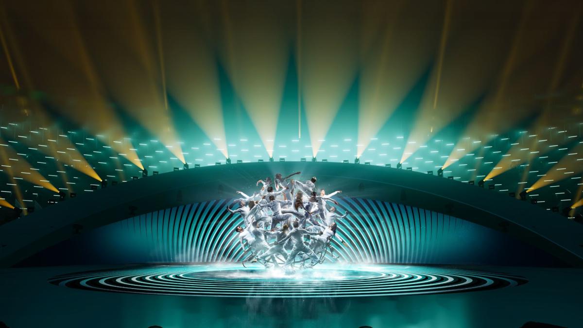 A mockup of the Opening Ceremony of the Milano Cortina 2026 Paralympics. People are forming a circle 