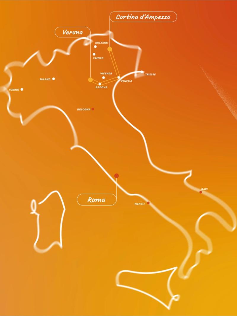 A pink and orange graphic of a map of northern Italy and route of Paralympic torch relay