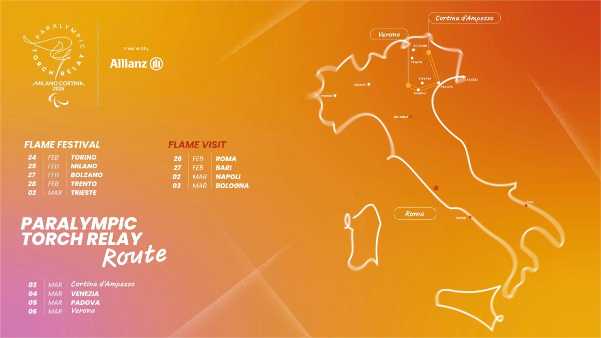 A pink and orange graphic of a map of northern Italy and route of Paralympic torch relay