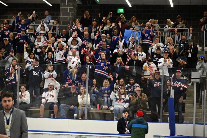 Fans dressed in USA uniforms cheer on the stands in an outdoor stadium