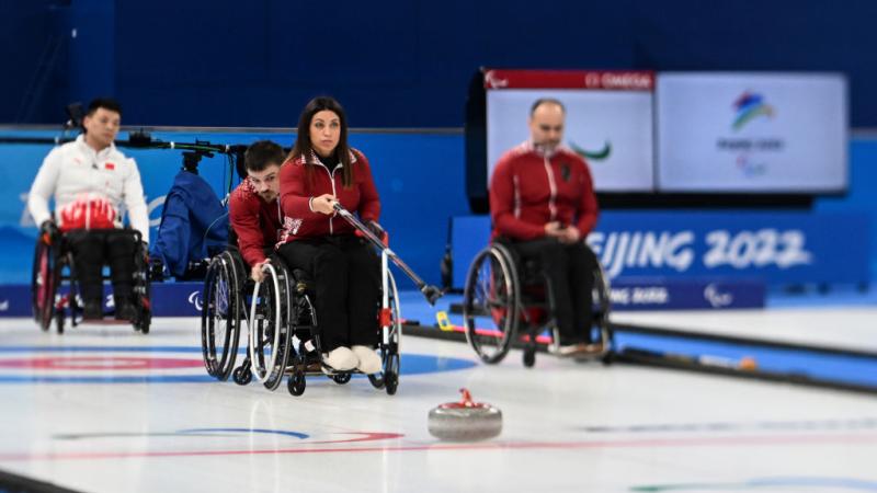 Polina Rozkova wheelchair curling during the Beijing 2022 Paralympic Winter Games.