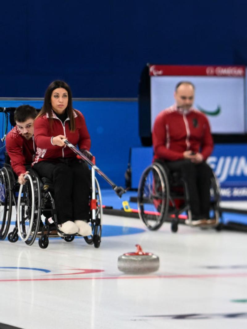 Polina Rozkova wheelchair curling during the Beijing 2022 Paralympic Winter Games.