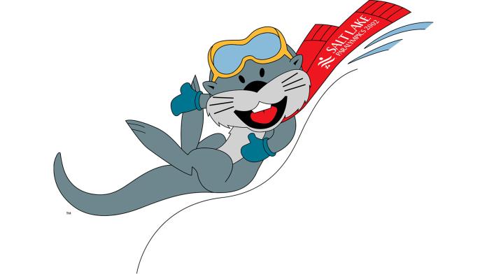 A gray otter wearing a red neckwarmer and yellow goggles slides down a slope