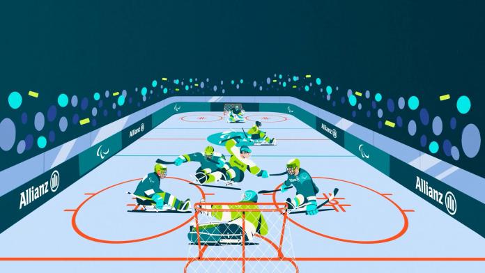 An animated image showing a Para ice hockey rink, with seven players on the court