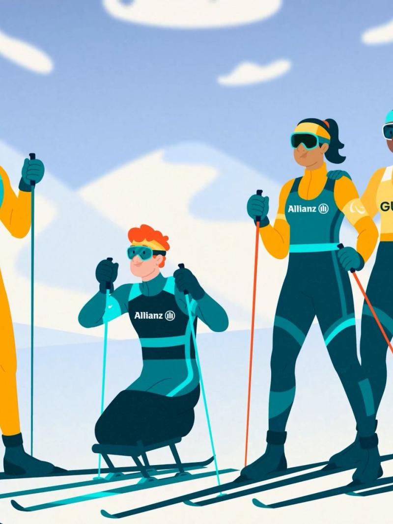An animated graphic featuring three Para cross-country skiers and a guide skier. 