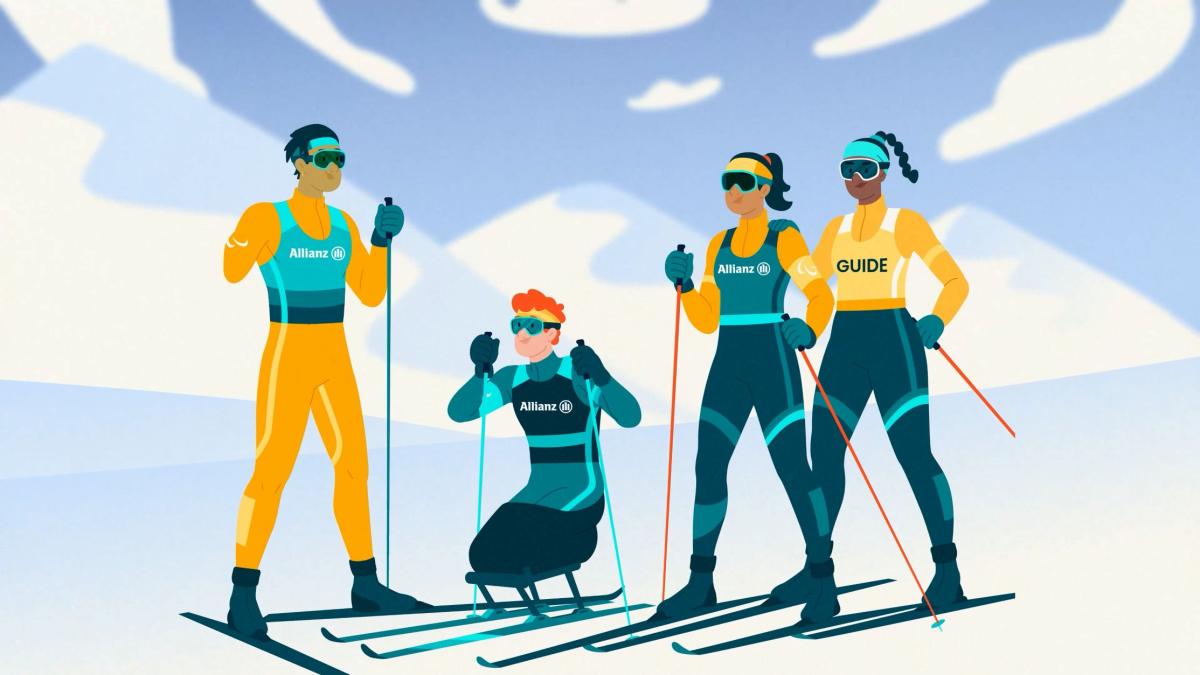 An animated graphic featuring three Para cross-country skiers and a guide skier. 