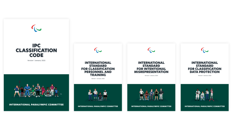From left to right, the front covers of the 2025 IPC Classification Code, International Standard for Classification Personnel and Training, International Standard for Intentional Misrepresentation, and International Standard for Classification Data Protection. All covers display the IPC Agitos, with different arrangements of illustrated characters including Classification Personnel and Para Athletes.